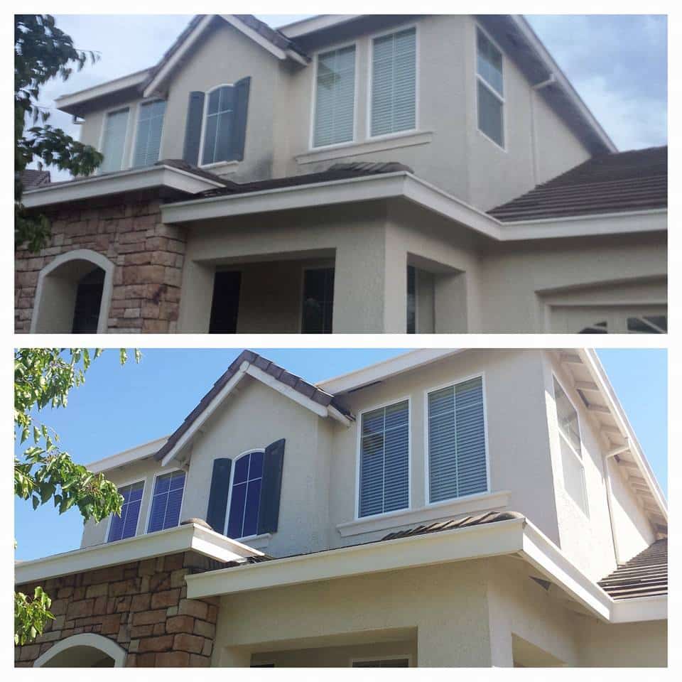 Before and after photos of residential stucco soft wash from Pinnacle Pressure Washing